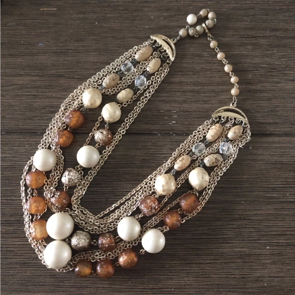 Vintage beaded and chain layered choker collar necklace